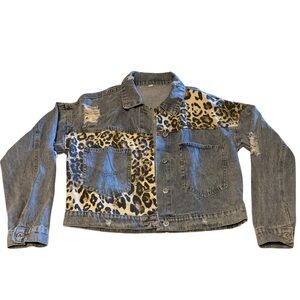 Leopard Patchwork Denim Jacket - Gray with Tan/Black Leopard